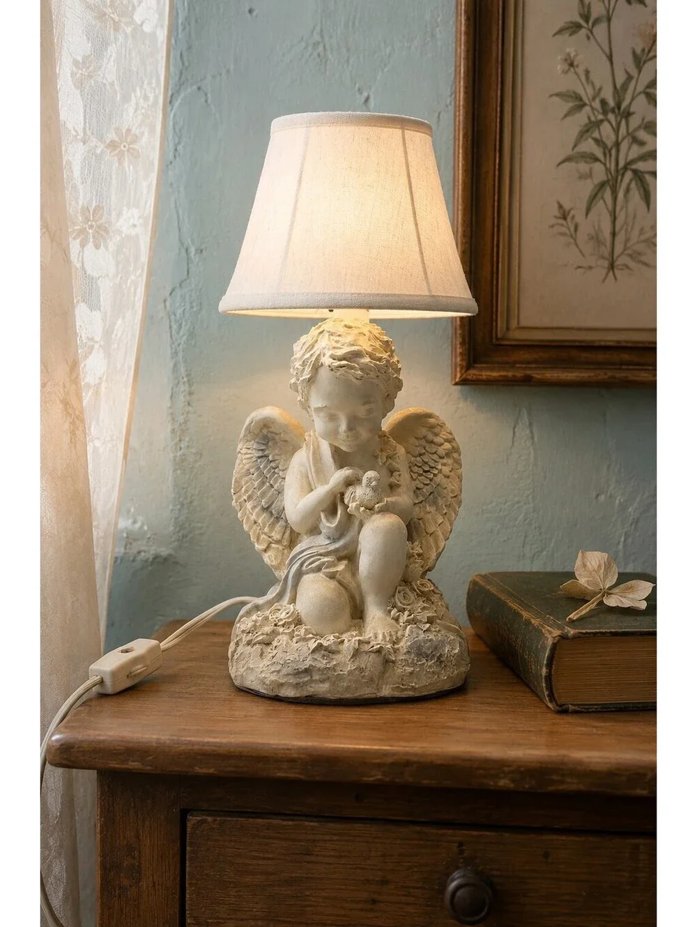 Vintage 1994 Figi Graphics Cherub Angel Dove Table Lamp Working 9.5 Inch